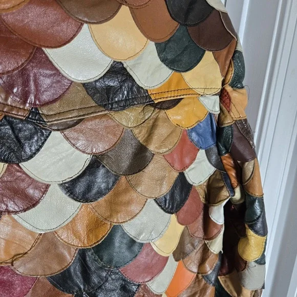 Vintage Korean Multicolor Leather Fish Scale Patchwork Jacket Womens L - Picture 16 of 16